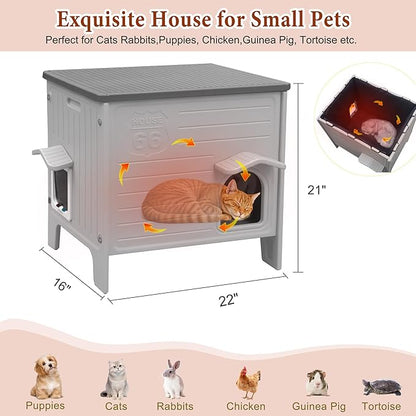 Insulated Cat House Outdoor Weatherpoof Plastic Cats Houses with Escape Door Indoor Waterproof Feral/Pet Cat Shelter Outside for Puppy, Rabbit for Winter (Grey)