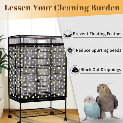 Daoeny Bird Cage Seed Catcher, Large Bird Cage Cover, Adjustable Soft Airy Nylon Mesh Net, Birdcage Cover Skirt Seed Guard for Parrot Parakeet Macaw African Round Square Cages (Black, Daisy Design)