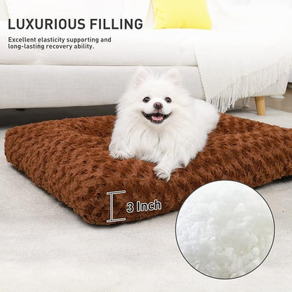 KSIIA Washable Dog Bed Deluxe Plush Dog Crate Beds Comfy Kennel Pad Anti-Slip Pet Sleeping Mat for Large, Jumbo, Medium, Small Dogs Breeds, 29" x 21", Brown