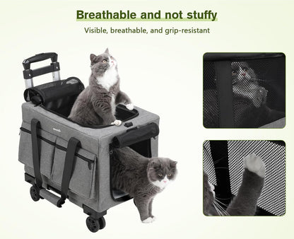 Pecute Cat Carrier with Wheels,Steel Wire Frame Cat Carrier, Stable Pet Trolley Bag for Cats, Pet Handbag and Stroller, Portable Cat Carrier Bag for Car Travel Bus Subway, Grey