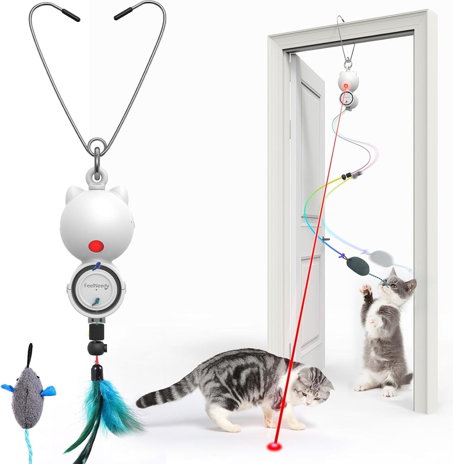 FEELNEEDY Laser Cat Toys for Indoor Cats, Interactive Cat Toy LED Light Hanging, Cats Wand Toy Feather, Feather & Mouse for Bored Adult Kitten Exercise, White