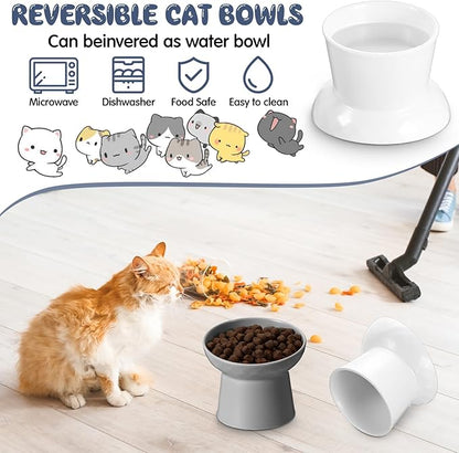 Tanlade 4 Pcs Ceramic Raised Cat Bowls, Elevated Tilted Cat Bowl, Stress Free, Backflow Prevention, Dishwasher and Microwave Safe for Indoor Kitten, Puppies(White and Grey)