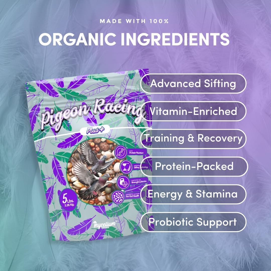 Mycelium Pigeon Racing Plus Feed (5 LB Bag) | Organic, High-Protein Racing Pigeon Food with Probiotic Gut Support | Fortified for Strength & Stamina | Debris-Free Bird Seed, Non-GMO, USA Made