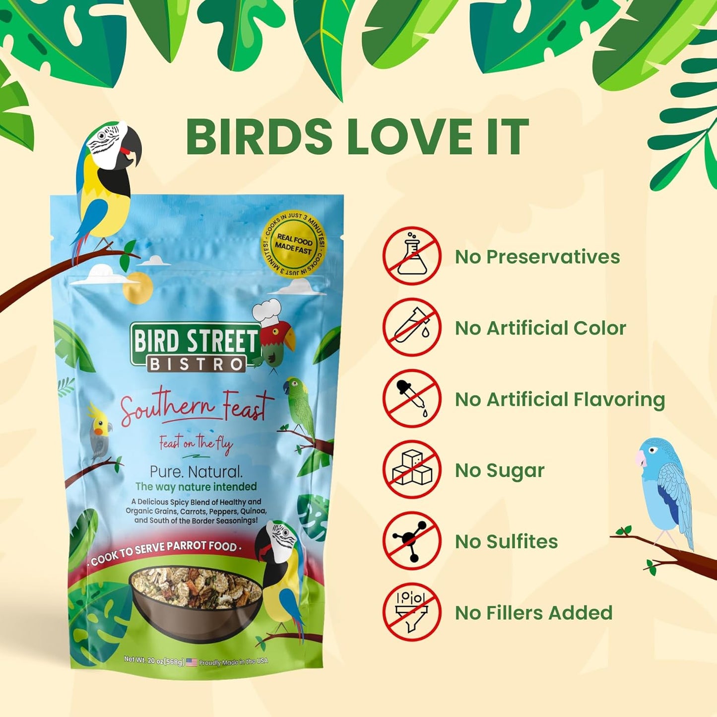 Bird Street Bistro Parrot Food for Parakeets & Cockatiels - Southern Feast - 20 oz - Cooks in 3-15 min, Natural & Organic Grains, Fruits & Vegetables - USA Made