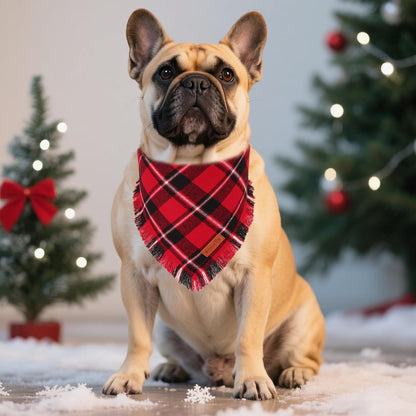 PTDECOR Christmas Dog Bandanas with Tassels Edges, 2 Pack Stylish Red Green Plaid Scarf Bibs, Premium Cotton Fabric, Reversible Triangle Christmas Bandanas for Small Dogs Puppies Cats(Small)