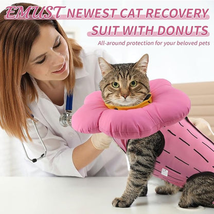 EMUST 2PCS Cat Recovery Suit and Cat Cone Collar Female, Cotton Breathable Cats Spay Recovery Suit, Adjustable Cute Flower Neck for Cats 8-16lb(Pink, L)