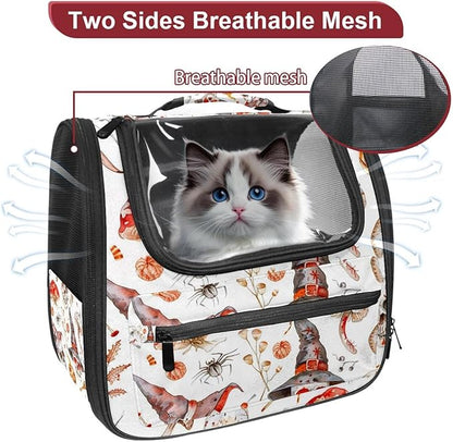 Witch Hat Broom Skull Lollipops Eyes Bones 2 Cat Carrier Backpack,900D Wear-Resistant Oxford Fabric, Dog Carrier Cat Backpacks Suitable for Travel