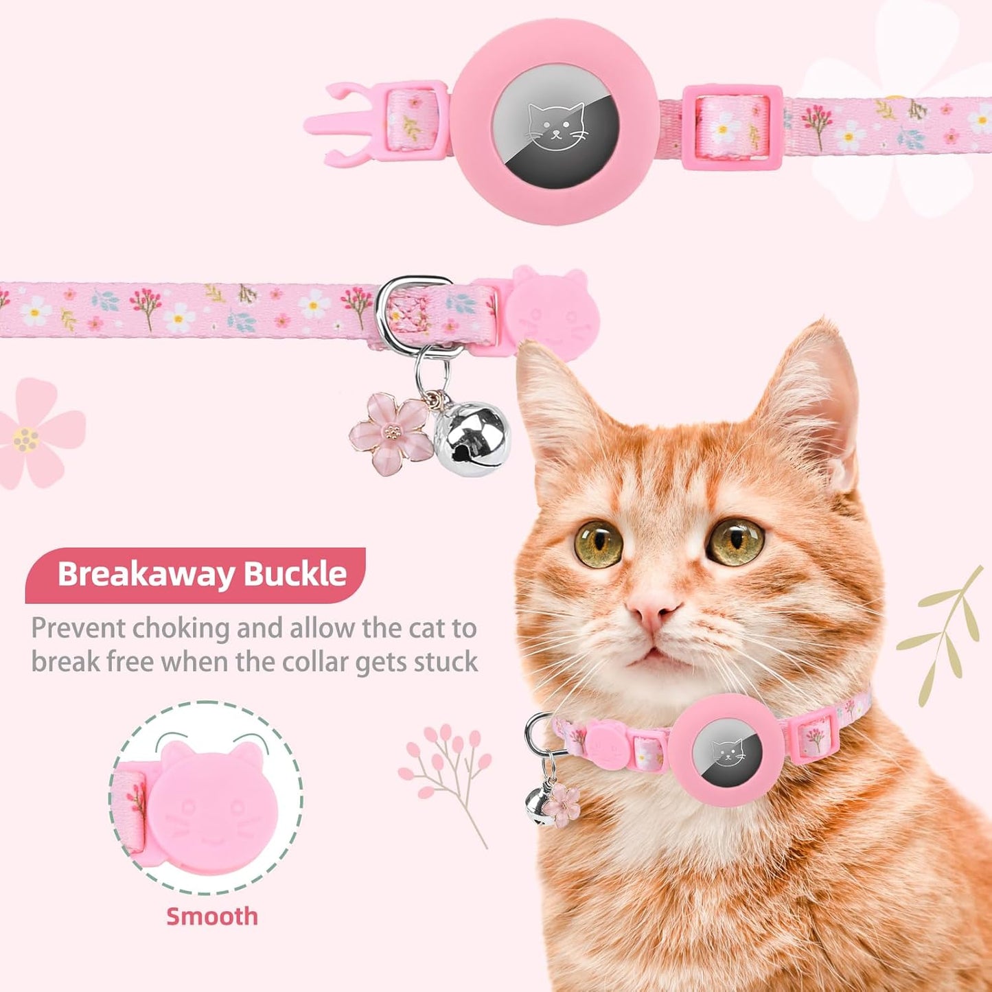 PUPTECK Airtag Cat Collar Breakaway 2 Pack with Bells, Reflective Kitten Collar with Air Tag Holder for Boy Girl Kitty and Puppies, Soft, Pink