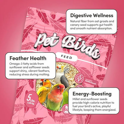 Mycelium Pet Bird Feed (5 LB Bag) | Organic Bird Food for Cockatiels, Lovebirds, Parakeets & Parrotlets | Supports Healthy Digestion & Energy | Non-GMO, Dust-Free Seed Blend | USA Made