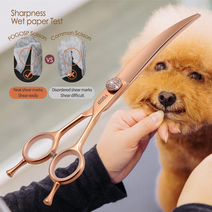 Rose Gold Titanium Curved Dog Grooming Scissors Reverse 7.5'' Downward 30° with Jewelled Screw Japan 440C Professional Pet Grooming Trimming Shears for Dogs Suzhi Teddy(7.5,Curved)