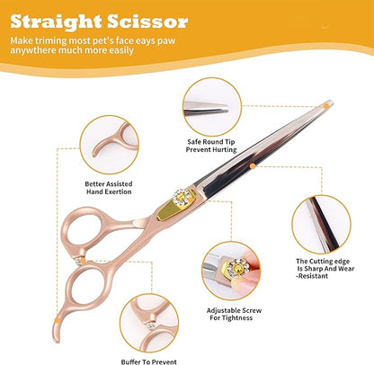 7 Inch Professional Dog Grooming Scissors Kit, 6-in-1 Grooming Scissors for Dogs, Pet Grooming Shears Set, Straight Scissor & Thinning Shear & Curved Scissor & Chunker Shear (Rose Gold)