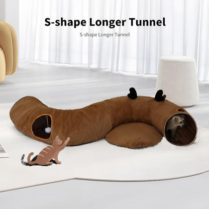 Cat Tunnel Bed for Indoor Cats with Washable Cushion Cat Cave Donut Tunnel with Fluffy Ball Big Round Tube Pet Playground Toys Soft Plush Peekaboo for Kitten, Cat, Puppy, Rabbit, Ferret（Deer）