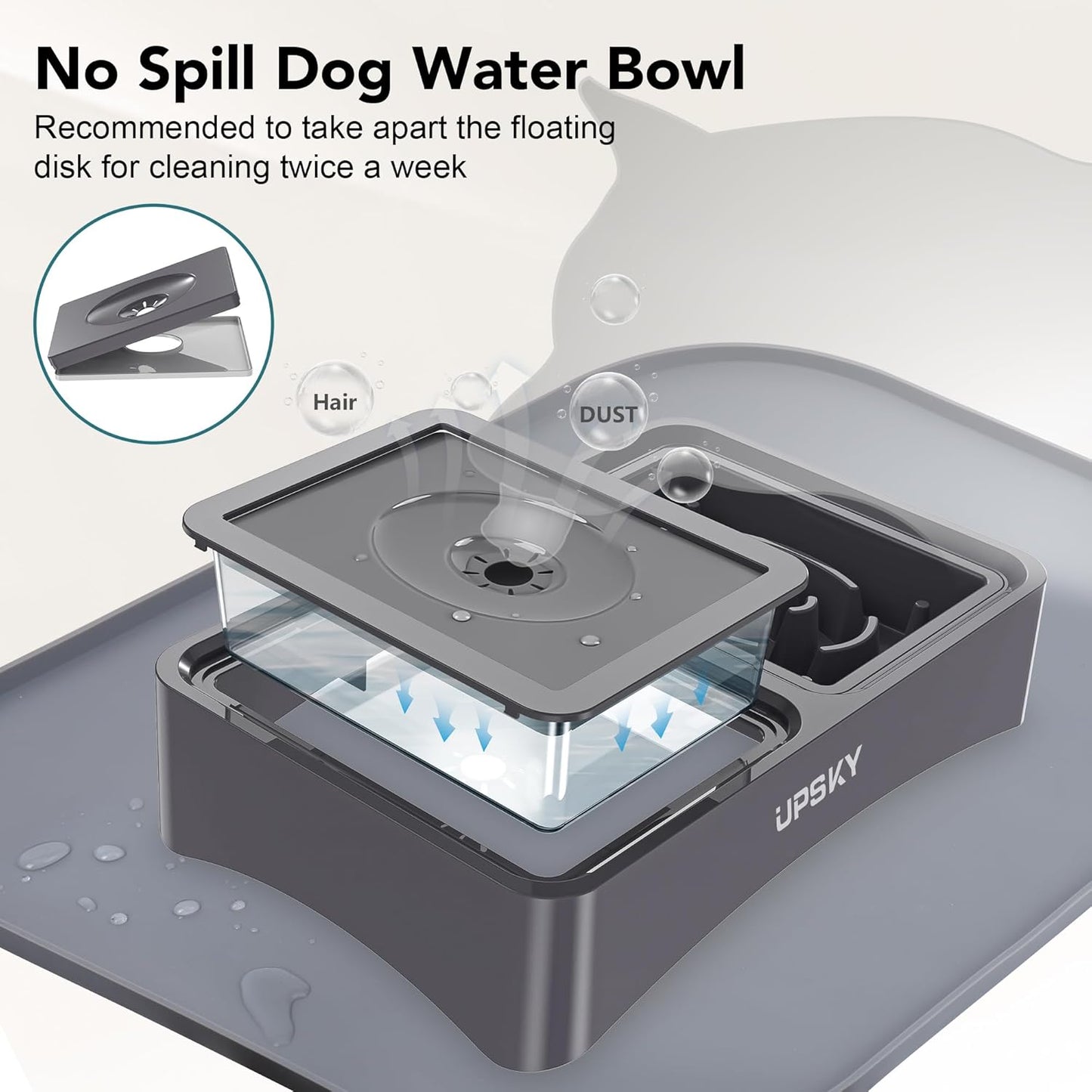 UPSKY 3-in-1 Elevated Dog Bowls with Mat, Large 24 x 16 Inches, 4 Height Adjustable Stand with Slow Feeder, Stainless Steel Bowl for Small to Medium Dogs, Grey