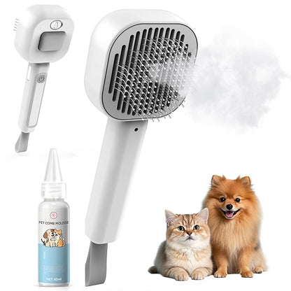 3 in 1 Cat Brush - Dog Brush, Steam for Shedding & Grooming, Indoor & Outdoor Shedding Spritz Comb for Long & Short Hair Cats & Dogs, Cat Steam Brush - Includes Waterless Shampoo, Gray