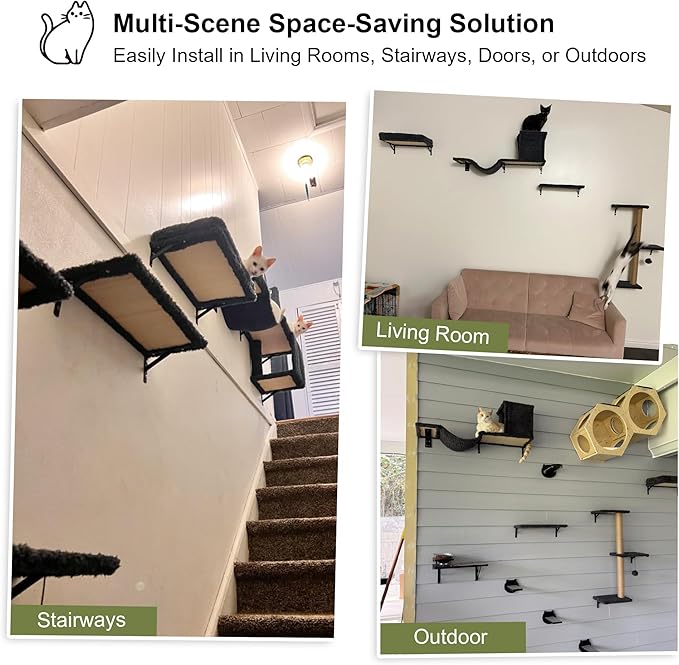 FUKUMARU Cat Wall Shelves, Stable & Safe 4 in 1 Cat Furniture Set, Wooden Climbing Wall with Scratching Post for 16 Inch Drywall - Gray