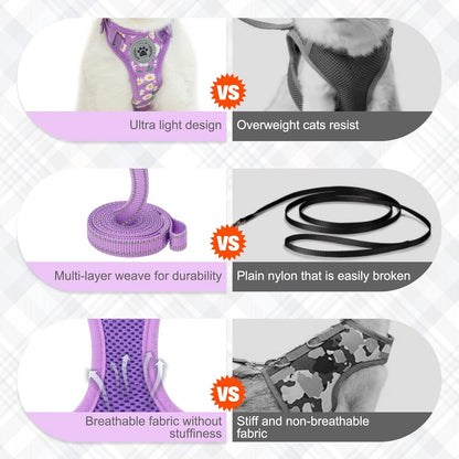 BEAUTYZOO Cat Harness and Leash Set for Walking Escape Proof, Neck Release Adjustable Harness for Kitten Puppy Small Medium Large Cats, Soft Cute Easy Control Small Cat Harness for Cats Boy and Girls