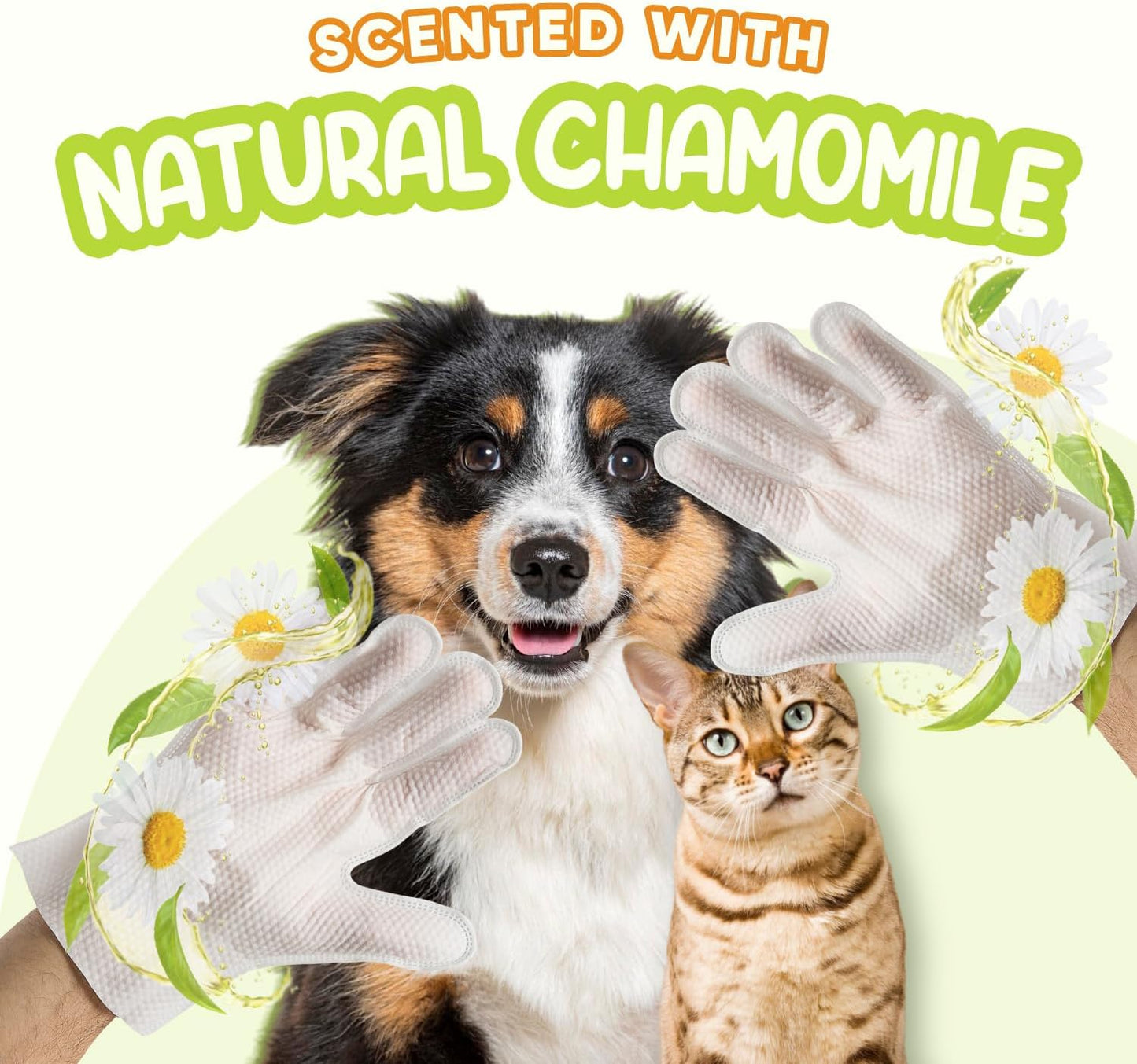Pet Glove Wipes for Dogs & Cats | Nourish & Clean Fur & Skin | Coconut Oil & Chamomile Rinse-Free Wipes | Bathing Glove Wipes for Daily Care and Traveling | Natural, Hypoallergenic (18 Pack)