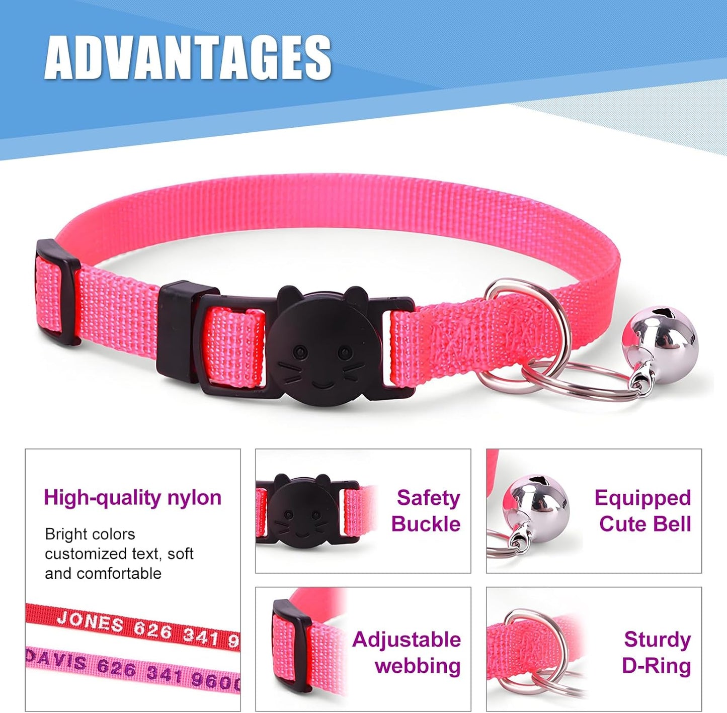 Personalized Nylon Cat Collars,Custom Embroidered Pet Name and Phone Number,Breakaway Collar with Safety Release Buckle and Bell,Adjustable Cats and Kitten Collars,Red
