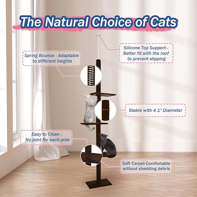 Max & Marlow Cat Tree Floor to Ceiling Cat Tower Height 95-108" Adjustable Kitten Tree Tall Climbing Tree with Carpet Scratching Post and Mat Cat Pole for Indoor Cats,Dark Brown