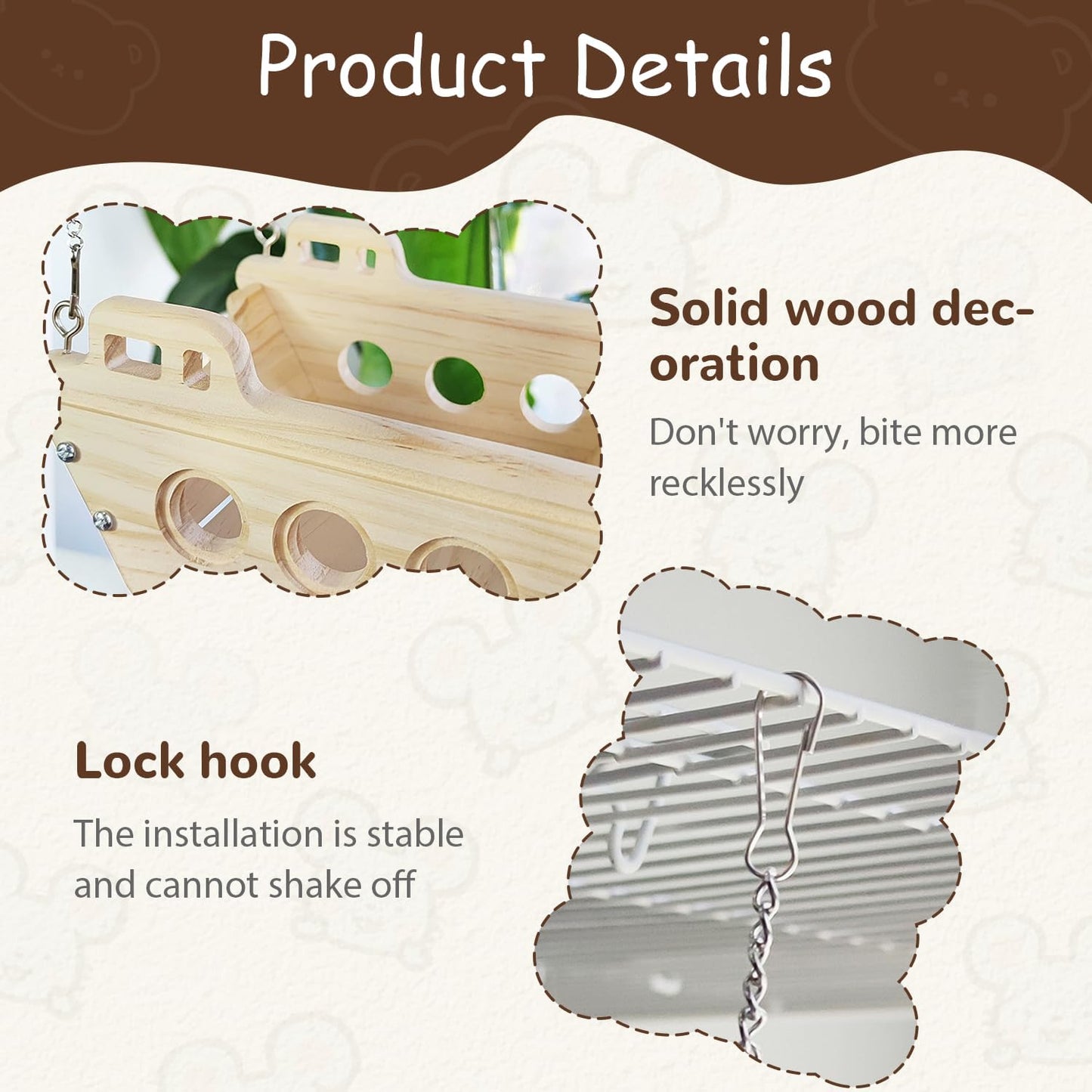 Natural Wood Chinchilla Toy Hammock for Cage Swing, Hanging Chinchilla Bed, Wooden Toys and Cage Accessories, Hut Ledges and Platforms for Indoor Habitat Enrichment