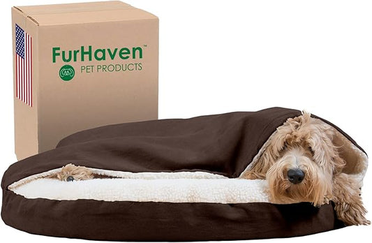 Furhaven 35" Round Orthopedic Dog Bed for Large/Medium Dogs w/ Removable Washable Cover, For Dogs Up to 50 lbs - Sherpa & Suede Snuggery - Espresso, 35-inch