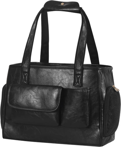 Dog Carrier Purse, Fashion Leather Pet Carrier Bag, Airline Approved Soft Sided Cat Travel Tote Bag with Pockets Black