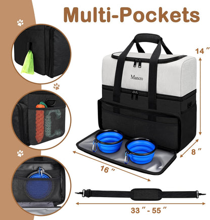 Mancro Dual Layers Dog Travel Bag, Pet Travel Bag with 2 Extra Large Food Containers, 2 Collapsible Dog Bowls, Multi-Pockets Tote Organizer for Pet Essentials for Dogs, Black