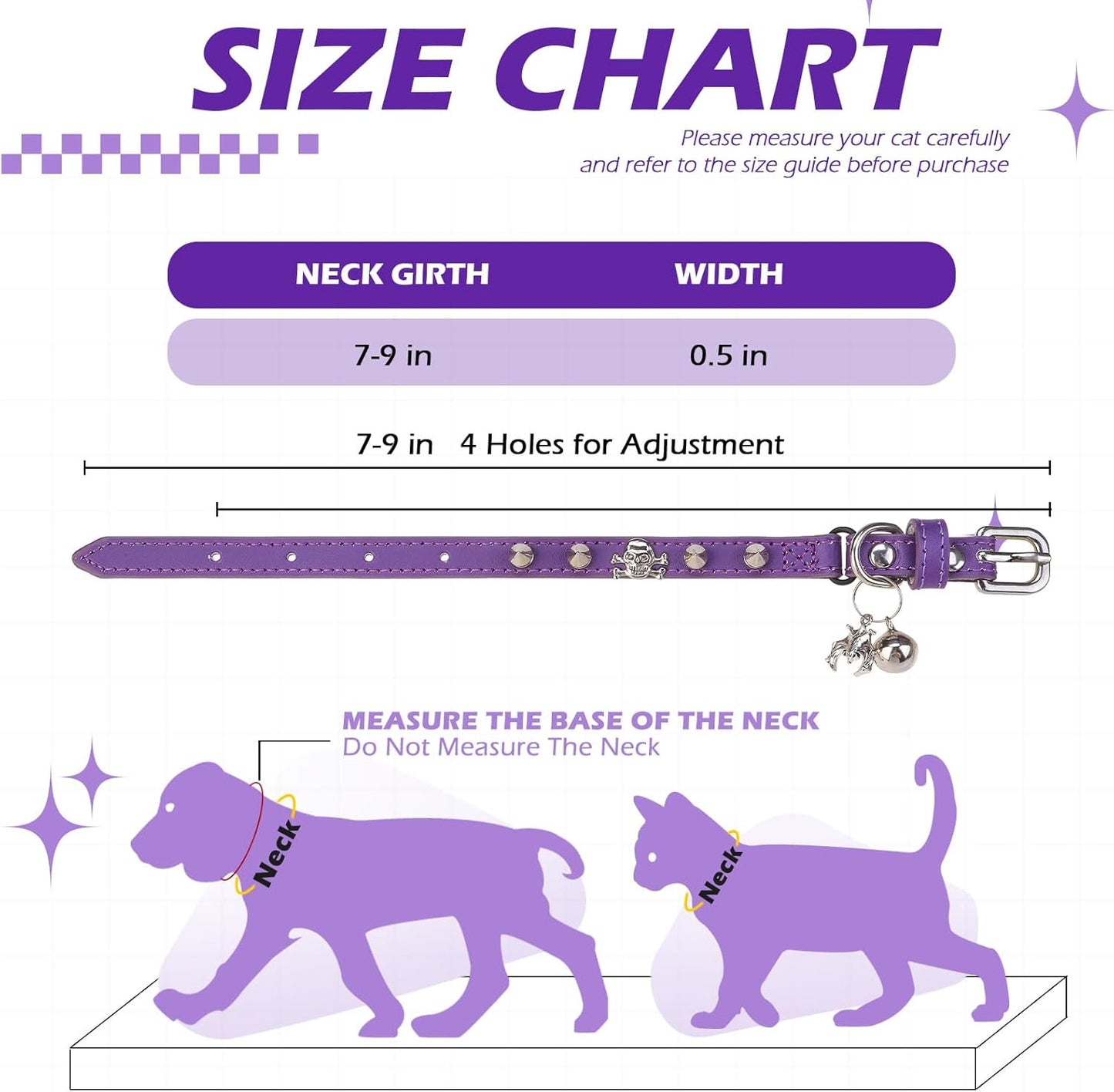 EXPAWLORER Leather Cat Collar for Girl Boy- Adjustable Pet Collar with Safety Elastic Belt,Personalized Punk Accessories Buckle Collars with Bell & Durable D-Ring, Rivet(Purple)