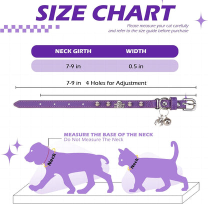 EXPAWLORER Leather Cat Collar for Girl Boy- Adjustable Pet Collar with Safety Elastic Belt,Personalized Punk Accessories Buckle Collars with Bell & Durable D-Ring, Rivet(Purple)