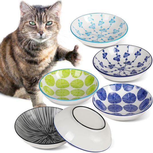 Ceramic Cat Bowls with Non-Slip Silicone Bottom,Prevent Whisker Fatigue,Reduce Mess,Wide Cat Bowls for Indoor Cats,6 Colorful Set for Daily Feeding Gift Choice