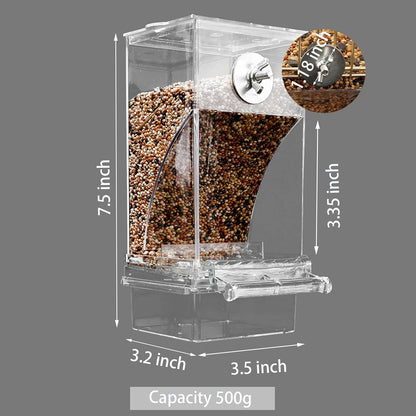No Mess Bird Feeder for Cage, Automatic No-Spill Transparent Parrot Feeder Acrylic Cockatiel Seed Feeders with PerchParakeet Food Container Cage Accessories for Small Medium Cockatoo Finch