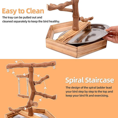 Natural Grape Wood Bird Parakeet Playground - Perch Stand for Parakeets, Cockatiels, and Small Birds Toys