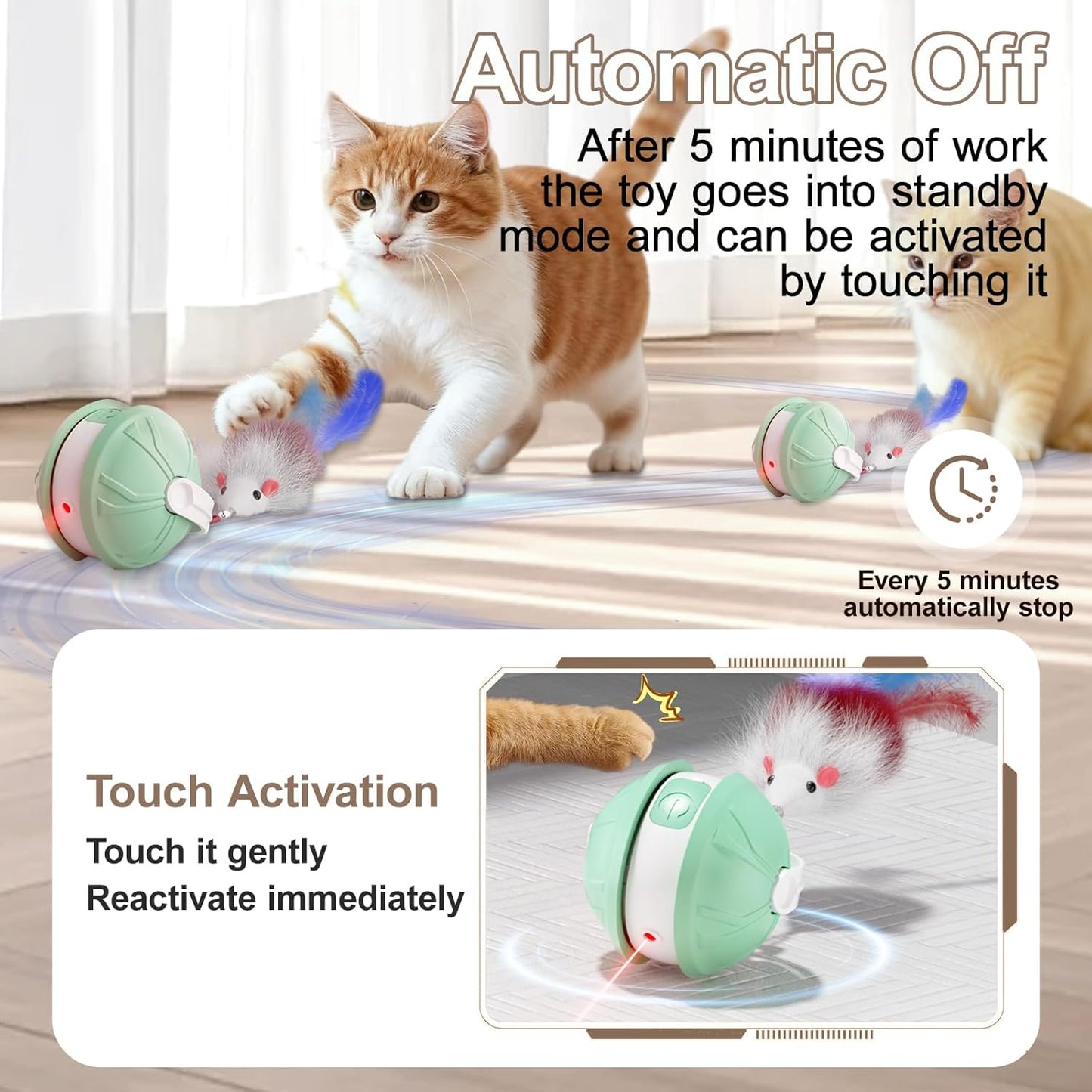 Interactive Cat Toy Ball - 2-in-1 Indoor Cat Toy with Feather Attachment and Laser Interactive Cats Balls, Moving Electric Rolling Ball Toys Designed for Bored Kittens and Adult Cats