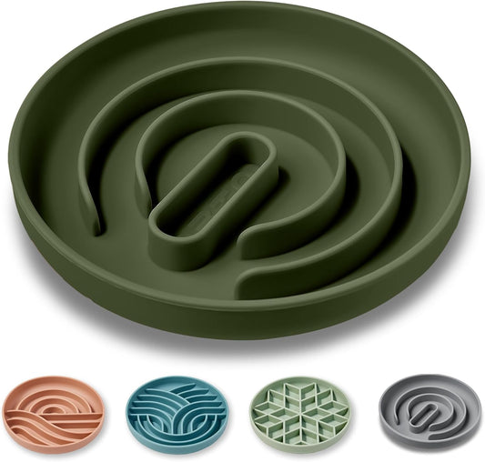 OHMO Slow Feeder Dog & Cat Bowl, Non-Slip with Suction Cup, Food-Grade Silicone, Anti-Choking & Anti-Bloat (Camo Green, M-Infinite, 7.3")