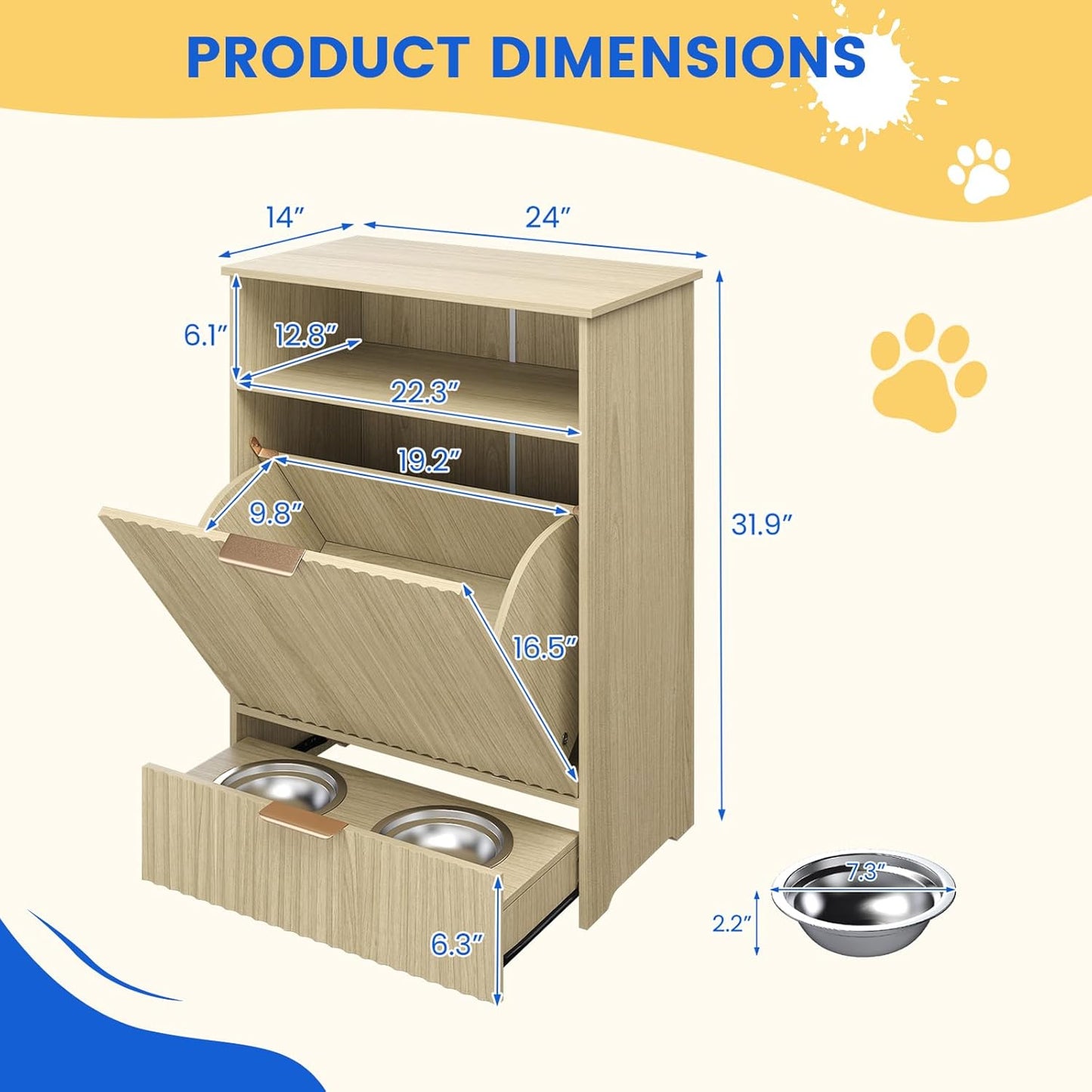 Fluted Dog Feeding Station, Dog Food Storage Container with Raised Bowls, Pet Feeder Station Food Cabinet for Toy Feeding Watering Supplies, Natural Oak