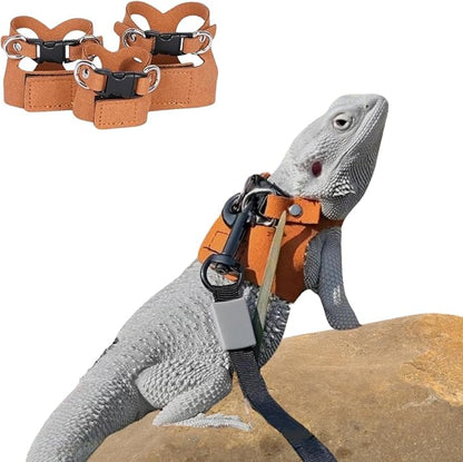 3PC Bearded Dragon Harness Leash Set Adjustable Soft Suede Leather Vest Harness with Traction Rope Outdoor Walking Escape-Proof for Reptile Lizard Squirrel Ferret (Brown)