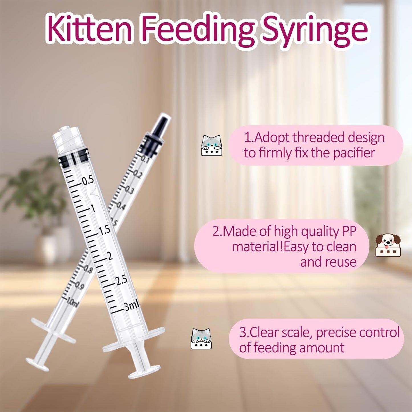 Pet Nursing Bottle Kit for Kitten Puppy,90mlCat Bottle Feeding Kit Nipple Kittens Syringe for Small Cat Dog Newborn Kitten Puppys Rabbits Squirrel Animals (Pink)