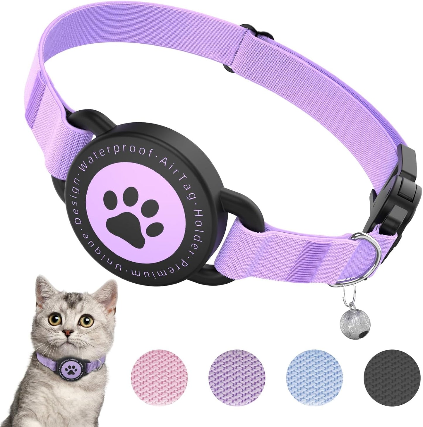 Airtag Cat Collar, Stretchy Kitten Collar with Apple Air Tag Holder, Lightweight and Comfortable, Ultra Elastic GPS Cat Collars for Cats Kittens and Puppies, 8-12.5 inch, Purple