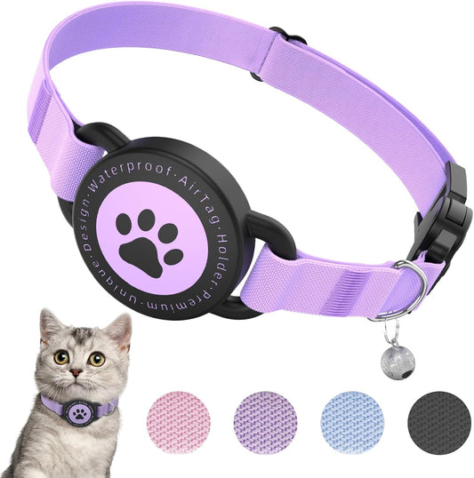 Airtag Cat Collar, Stretchy Kitten Collar with Apple Air Tag Holder, Lightweight and Comfortable, Ultra Elastic GPS Cat Collars for Cats Kittens and Puppies, 8-12.5 inch, Purple