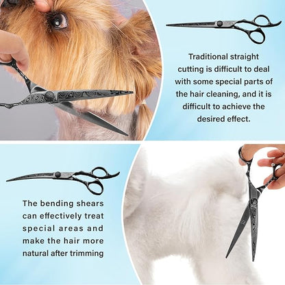 Dog Grooming Scissors,Black with Safety Round Tips,5 in 1 Curved Dog Scissors for Grooming,Professional Pet Grooming Shears Set for Dogs and Cats