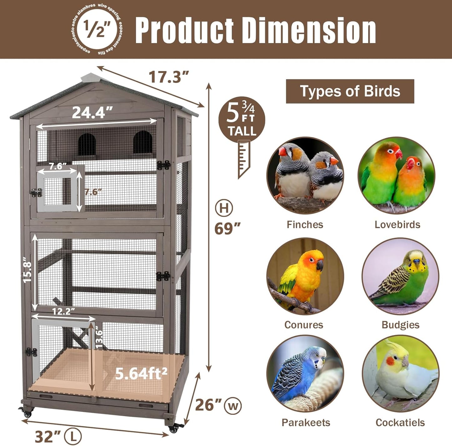 Flight Bird Cage Outdoor Large Wooden Bird Aviary Parrot Cage for Parakeet, Finches and Any Small Birds - Pull Out Wire Netting, Slide-Out Tray, 2 Perches, Nest House, 4 Wheels Include, Grey