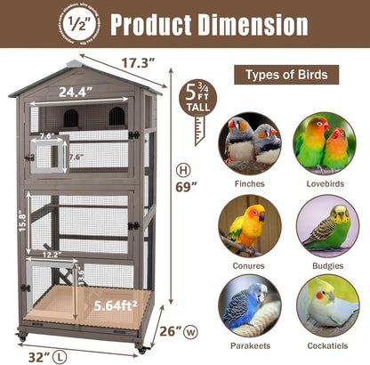 Flight Bird Cage Outdoor Large Wooden Bird Aviary Parrot Cage for Parakeet, Finches and Any Small Birds - Pull Out Wire Netting, Slide-Out Tray, 2 Perches, Nest House, 4 Wheels Include, Grey