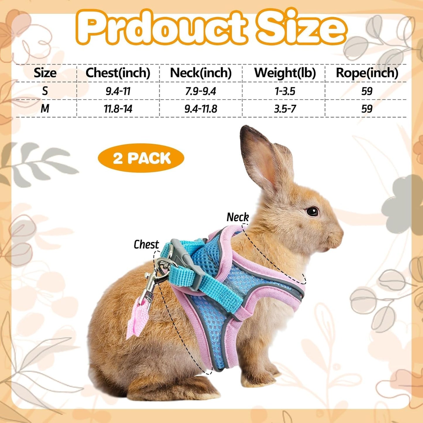 PINVNBY 2 Pack Bunny Hsrness and Leash Set Adjustable Rabbit Harness with Reflective Strips Double Buckle Pet Vest Eescape Proof for Small Rabbit Kitten Puppy Walks Accessories (Pink Blue, M)