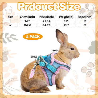 PINVNBY 2 Pack Bunny Hsrness and Leash Set Adjustable Rabbit Harness with Reflective Strips Double Buckle Pet Vest Eescape Proof for Small Rabbit Kitten Puppy Walks Accessories (Pink Blue, S)