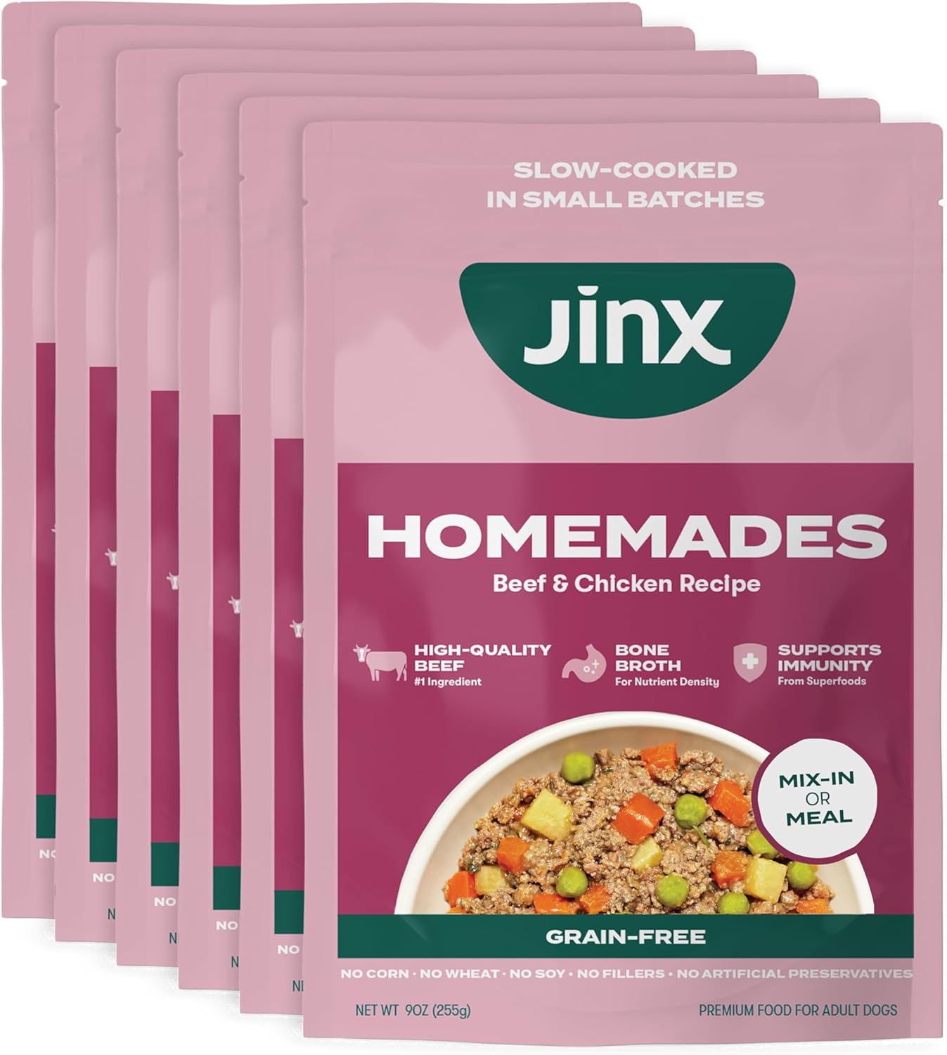Jinx Beef Grain Free Wet Dog Food Pouches, Meal or Dog Food Topper Mix-in, Made with Real Beef & Chicken, Bone Broth, No Fillers - Puppy, Adult, Senior, 9oz, 6 Pack