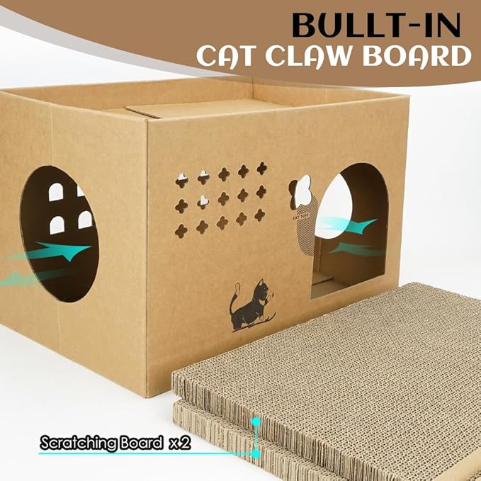 Cat Cardboard House with 2 PCS Scratching Pads，Large Cat Scratcher Bed Cat Scratchers Lounge for Indoor Cats with Corrugated Board Detachable Cat Scratcher Box for Cats.(Cactus) 1