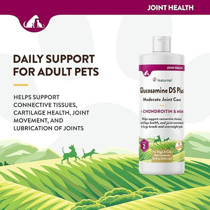 NaturVet Glucosamine DS Plus Hip & Joint Support Liquid Pet Supplement – Level 2 Moderate Care for Dogs & Cats – Includes Glucosamine, MSM, Chondroitin – 16 Oz