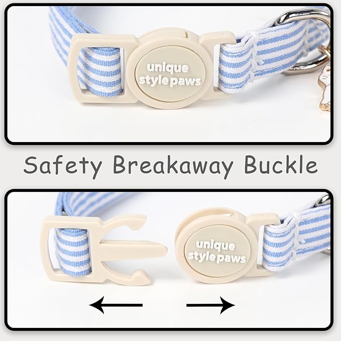 Unique style paws 2 Pack Spring Summer Kitten Collar Breakaway with Bell&Pendant, Adjustable Safety Blue Pink Stripe Cat Cotton Collar for Girl Boy Cat and Small Pet