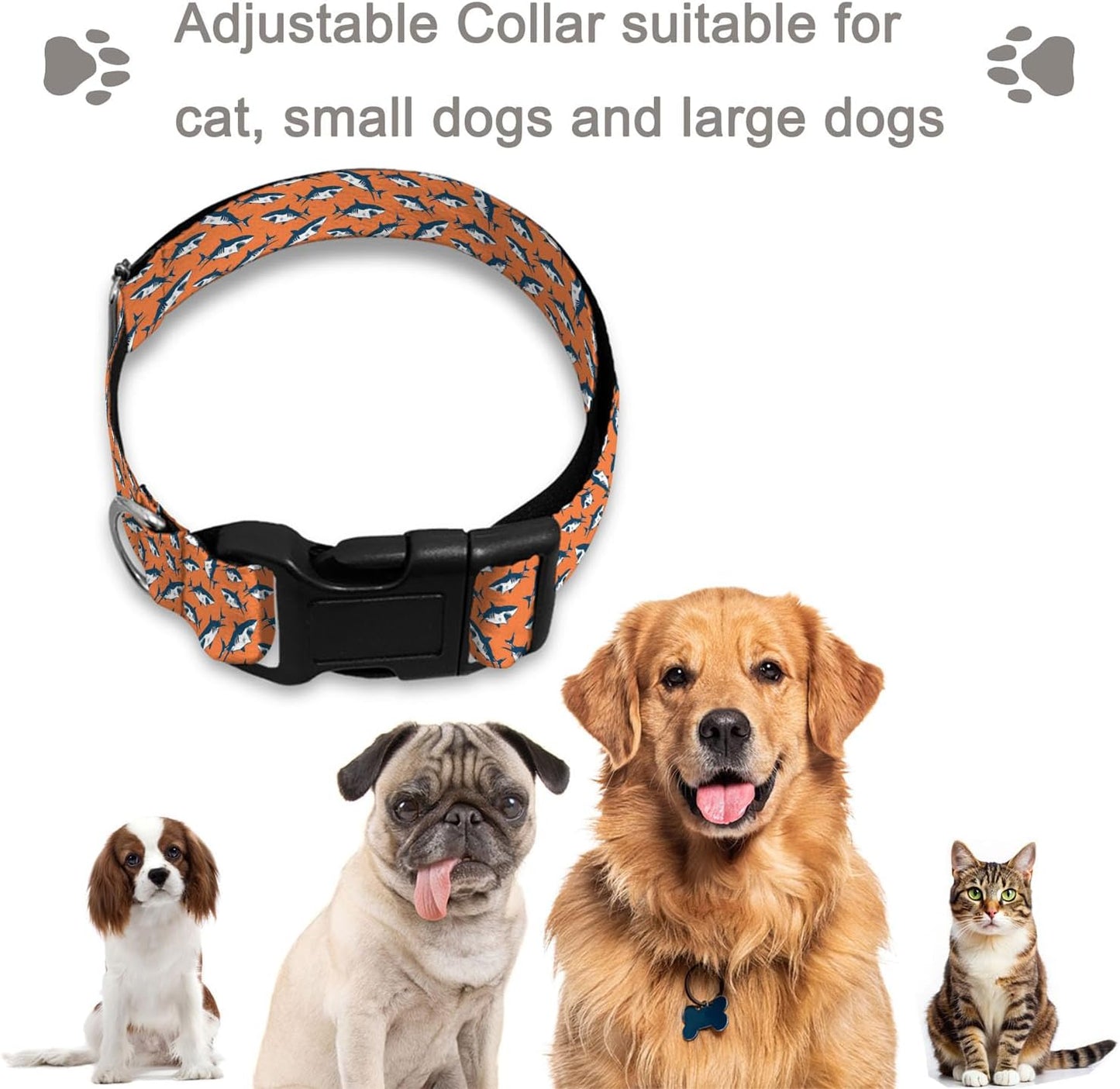 Sea Shark Ocean Orange Pet Collars Dog Collars Soft Elastic Neck Strap for Female Male Puppy Cats