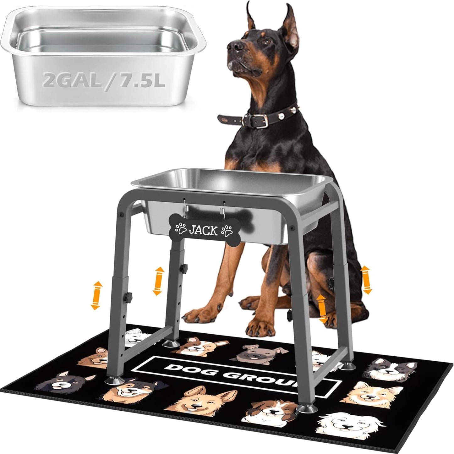 2 Gallon Elevated Dog Water Bowl, ADENGL Height Adjustable (10.4–15.2'') Raised Stainless Steel Bowl with Spill-Proof Mat & Sturdy Metal Stand, Tip-Proof, Easy to Clean, Indoor & Outdoor Use